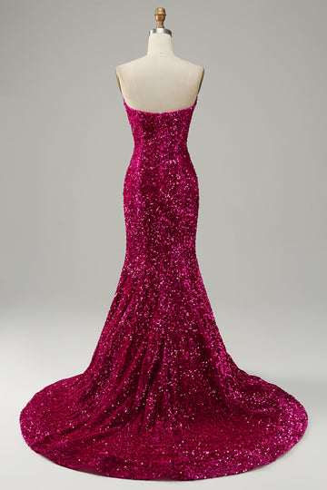 Fuchsia Sweetheart Neck Sequined Mermaid Formal Dress With Sweep Train